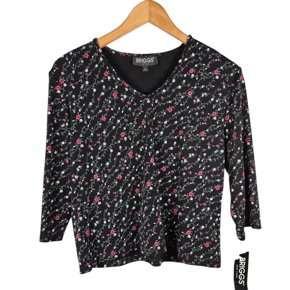 VTG NWT Briggs Petite Womens Floral Black Petite Large LP USA Fairy Whimsigoth - Picture 1 of 8